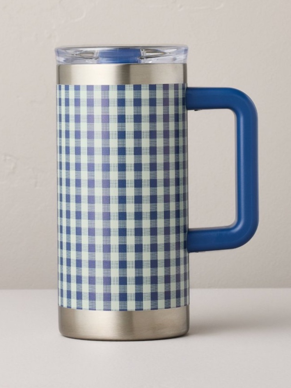 20 fl oz Lg Stainless Steel Insulated Travel Mug Blue Gingham Hearth & Hand™